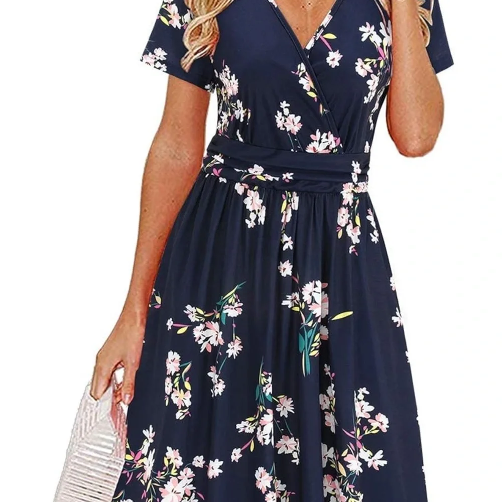 Floral Navy Faux Wrap Midi Dress with Pockets - Picture 2 of 4